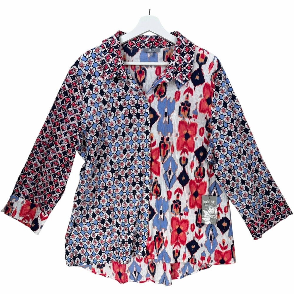 Habitat Tunic Top Button Up Shirt Womens XXL Ikat Floral Crinkle 3/4 Sleeve